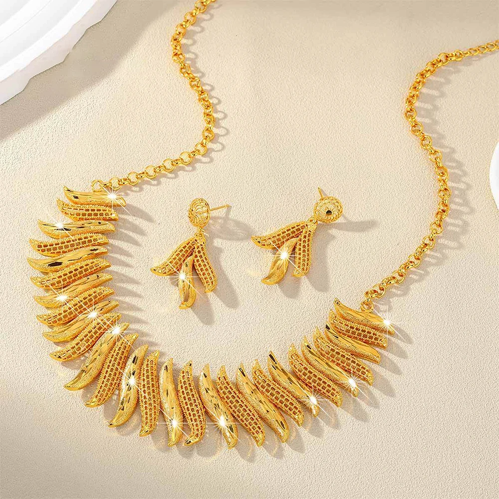 

African Fashion Necklace Drop Earrings Dubai Women Bracelet Ring Jewelry Set Luxury Gold Color Jewelry Wedding Gifts Daily Party
