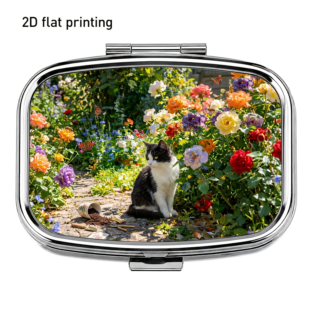 Natural Style Garden Black and White Cat Pattern Square Metal Small Pill Box, Two-Compartment Portable Storage Box, for Organizing Small Items, Jewelry, Medicines, and Vitamins, Compact and Aesthetically Pleasing, a Must-Have for Travel, Commuting, and Home Use