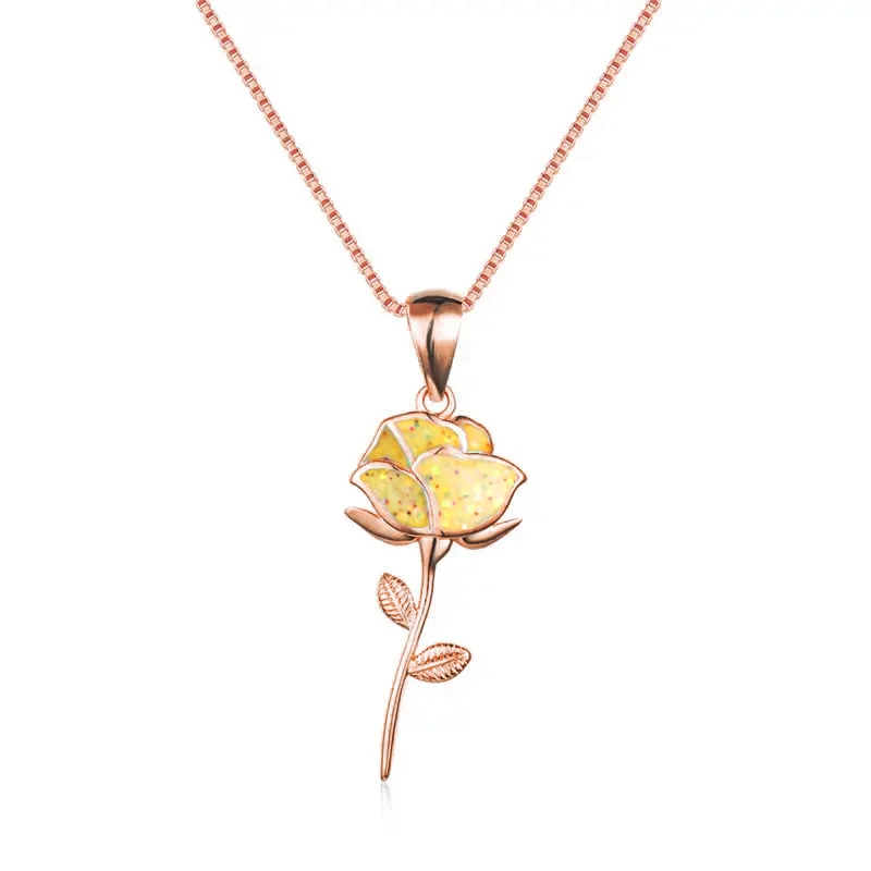 Huitan Yellow Rose Flower Design Rose Gold Color Pendant Necklace for Lady Wedding Engagement Party Romantic Accessories Jewelry - view 2