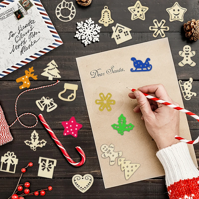 50Pcs Christmas Wooden Chips Natural Snowflake Santa Claus Hanging Pendant Decoration Diy Craft For Xmas New Year Gift Supplies