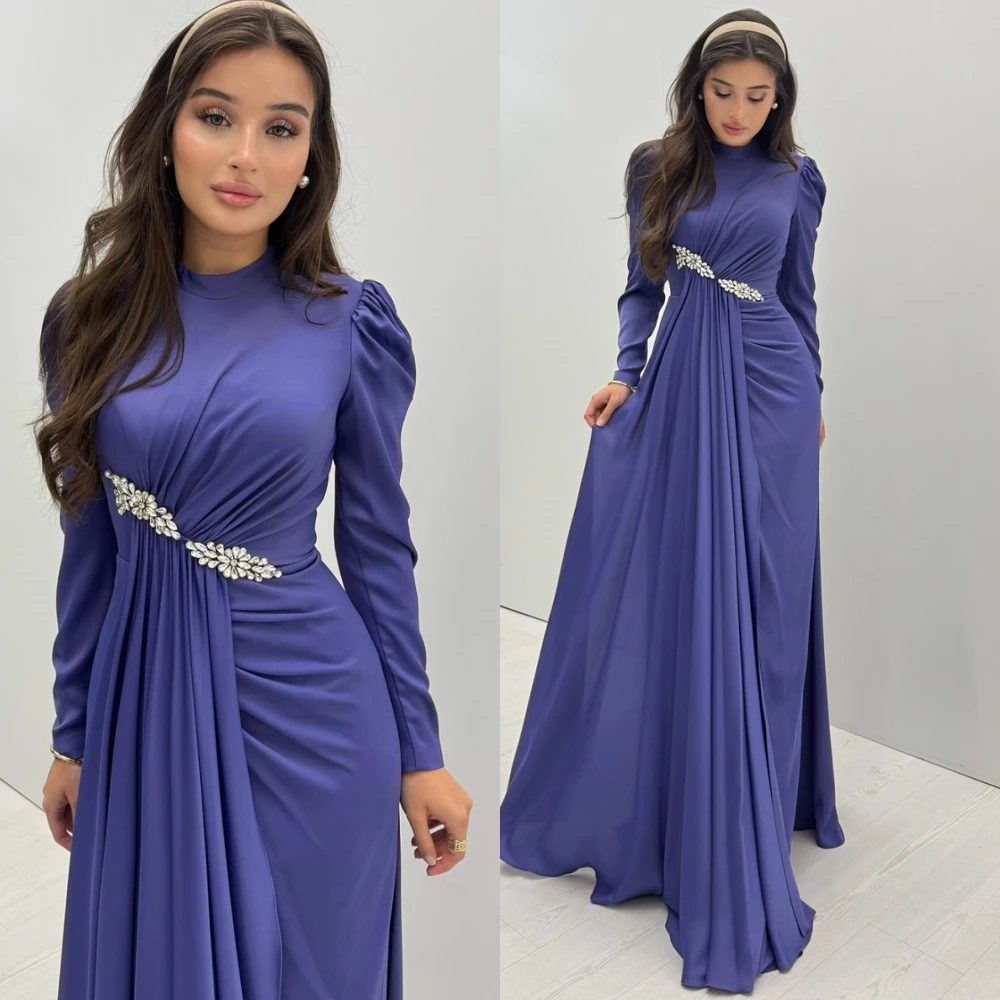 

Customized Simple High Collar Evening Dress Exquisite Crystal Sweep Train Prom Dresses Sexy Long Sleeves Special Occasion Gowns