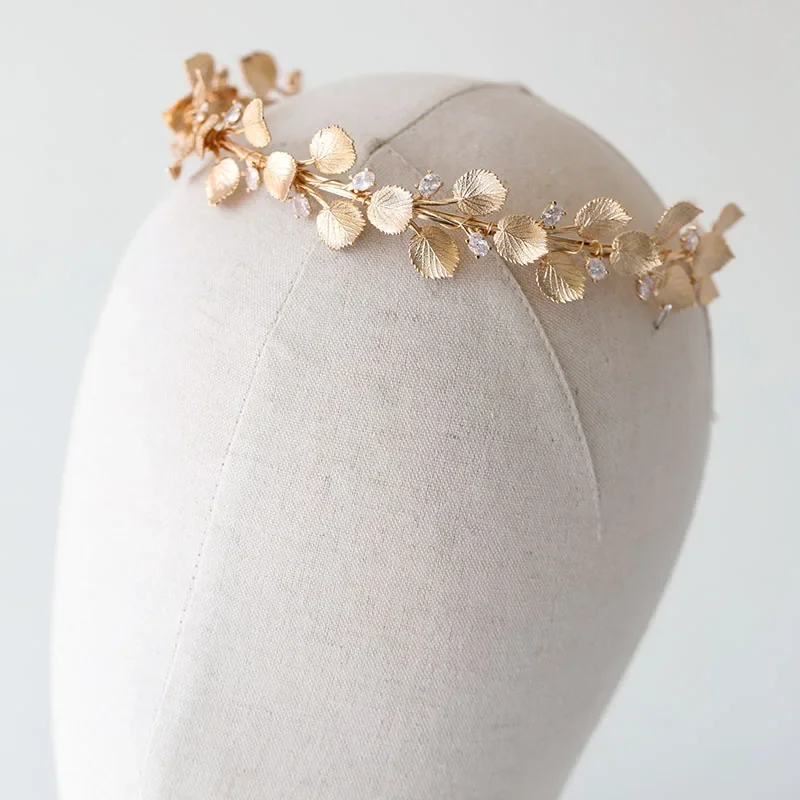 

Copper Leaves Small Crown Bridal Hair Tiara Zircon Wedding Hairband Gold Color Vintage Women Hair Piece Accessories