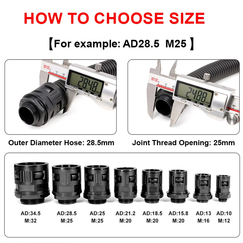 Corrugated Pipe Nylon Joint Black AD13/15.8/18.5/21.2/25/28.5/34.5 Conduit Gland End Fittings Plastic Bellows Tube Connectors
