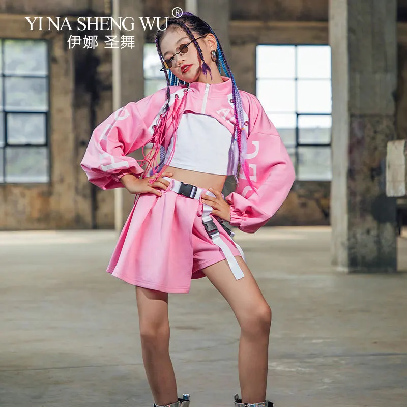 Kid Girl Jazz Dance Costume Children Street Hip Hop Dance Jazz Kpop Dance Costume for Girls Pink Outfit Streetwear Clothes Sets