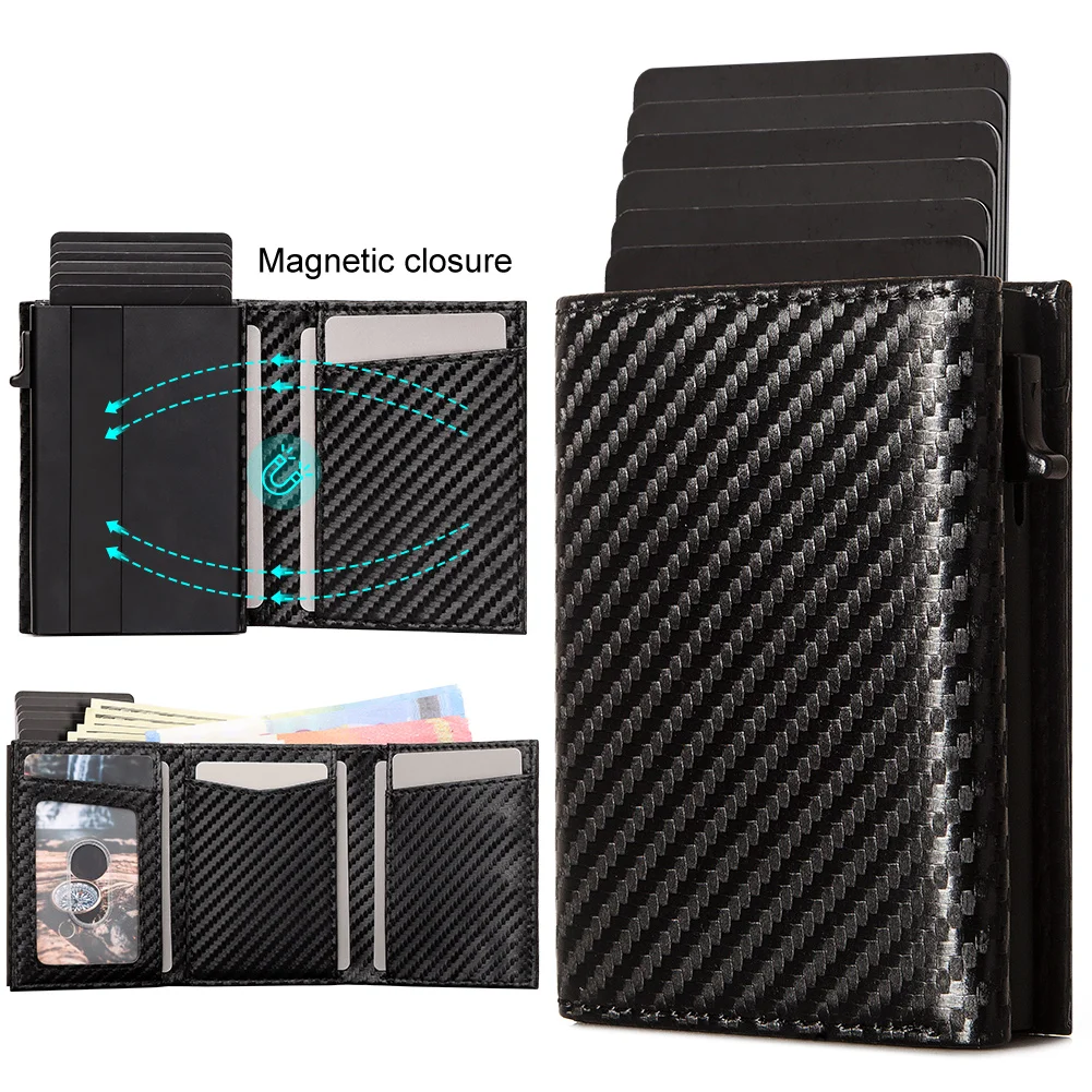 

Carbon fiber Men Wallet with Aluminum Card Holder Case RFID Blocking Automatic Pop Up Cardholder Purse Business Male Money Bag