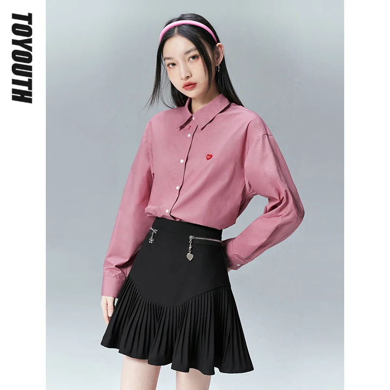 Toyouth Women Shirts 2022 Spring Long Sleeves Polo Neck Loose Blouse Solid  Casual Fashion Top