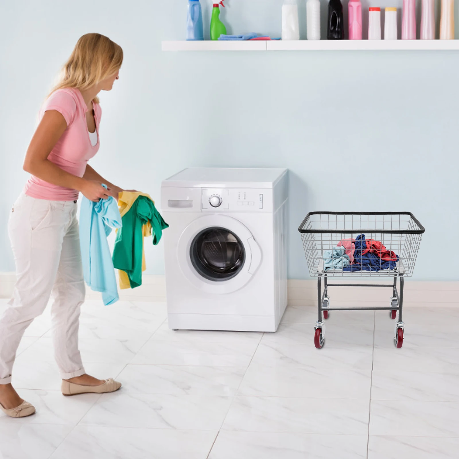 تحميل 50 كجم سعة كبيرة، عربة غسيل أسلاك الفولاذ، مع عجلات الفرامل، عربة سلة الغسيل التجارية، سلة متحركة قابلة للفصل