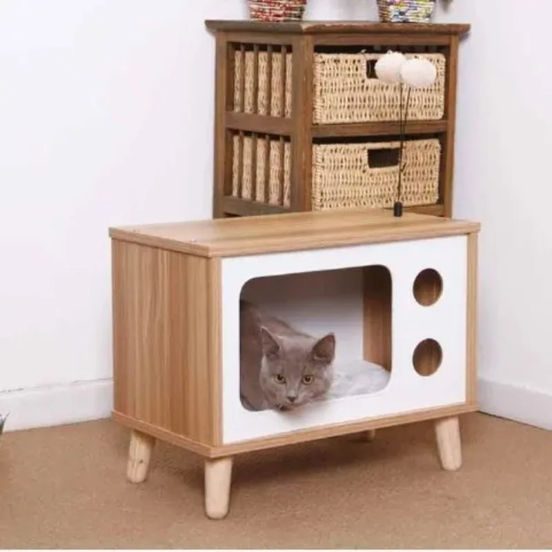 

Retro Large Wooden Cat House TV Cat Condo Bed with Scratching Pad & Cushion Furniture Scratcher Bell Ball Toys