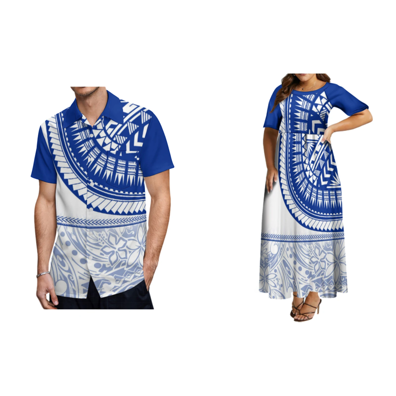 2024 New Woman Medium Sleeve Round Neck Dress Man Hawaii Short Sleeve Shirt Couple Matching Polynesian Wear Samoa Style