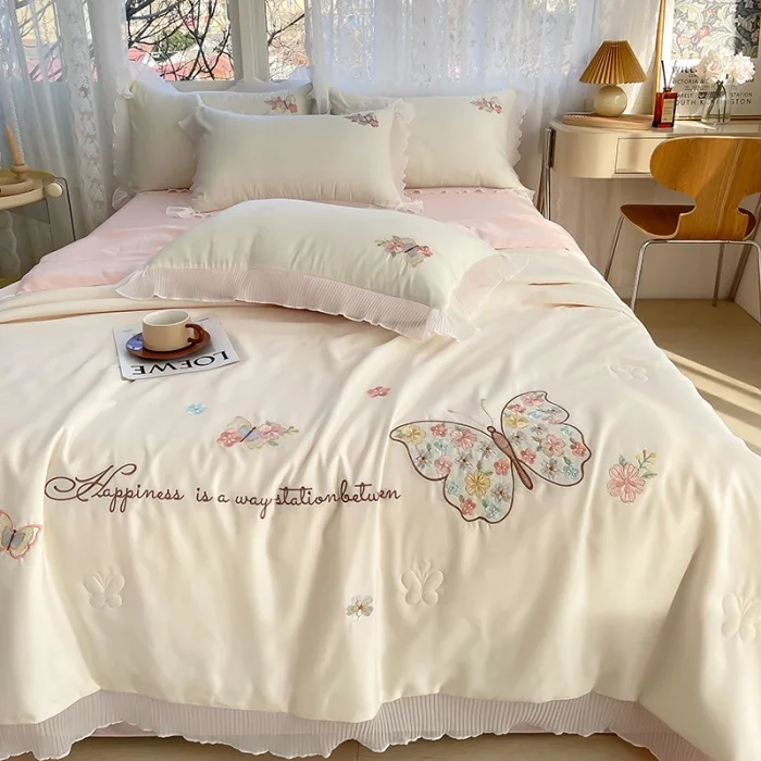 Four piece set of washed silk embroidery summer quilt Korean version girl lace lace single summer cool quilt breathable skin fri