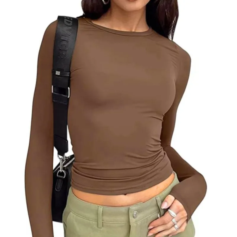 Camiseta informal de manga larga para mujer, Jersey ajustado de Color puro, Europa y Estados Unidos, primavera y otoño