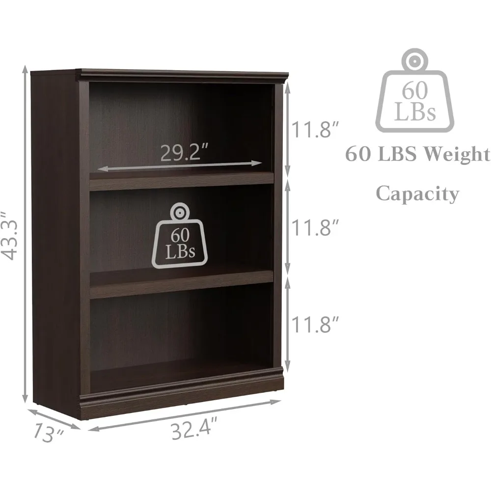 Rak Buku Tinggi 43 Inci, Penyimpanan Terbuka Rak Buku 3 Tingkat, Furnitur Dalam Ruangan Berdiri Lantai Lebar 33 Inci, Kotak Buku untuk Sekolah Rumah