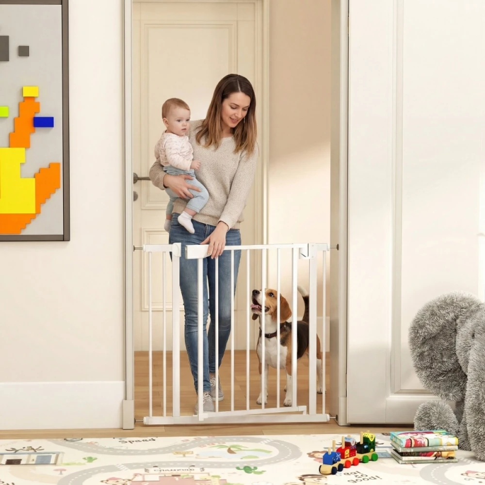 Puerta de Seguridad Automática a Presión 76-89x76cm, Sin Perforaciones, para Mascotas y Bebés, con Doble Bloqueo para Escaleras y Puertas