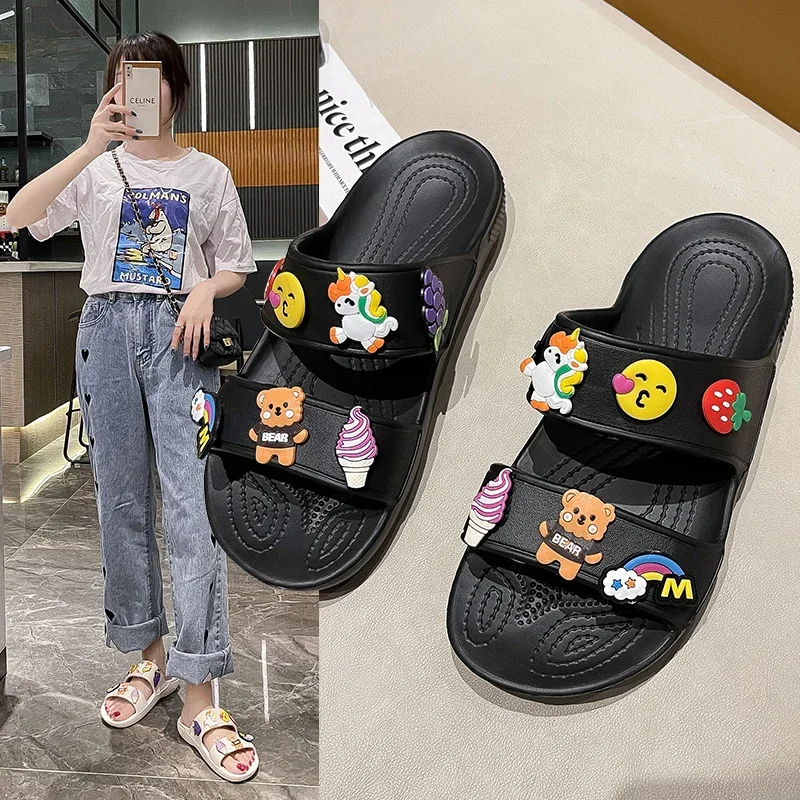 Women Summer Casual Slides Comfortable Flax Slippers Striped Cartoon Flip Flops Platform Sandals Ladies Outdoor Shoes