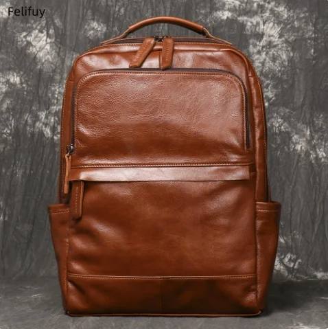 Brown Retro Genuine Leather Mens Fashion Backpacks Spring Autumn New Computer Outdoor Travel Quality Large Capacity Bag