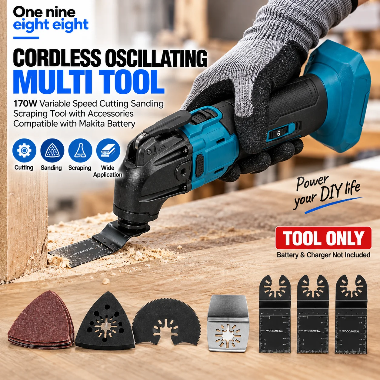 Cordless Oscillating Multi Tool 170W Variable Speed - Cutting Sanding Scraping with Accessories Compatible with Makita Batteries