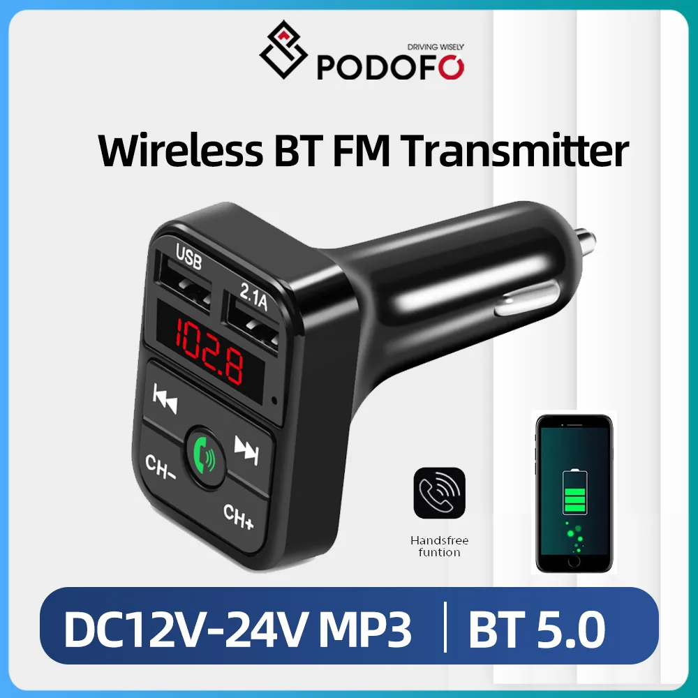 Podofo Car FM Transmitter BT 5.0 Auto MP3 Player Wireless Handsfree FM Audio Receiver USB Fast Charger Accessories For Universal