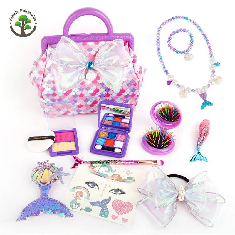 مجموعة ألعاب مكياج الأميرة حورية البحر أزياء الفتيات لحفلات أعياد الميلاد ولباس ظلال العيون وقلادة أحمر الخدود وحقيبة يد لعب لعبة المنزل هدية #3