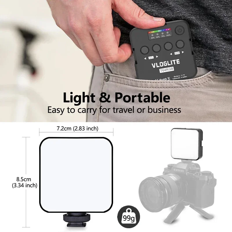 Powerwin T64 RGB LED Panel Light Mini Pocket Camera Vlog Lite 65 LEDs 1200mAh Rechargeable Portable Photo Video Lamp Lighting