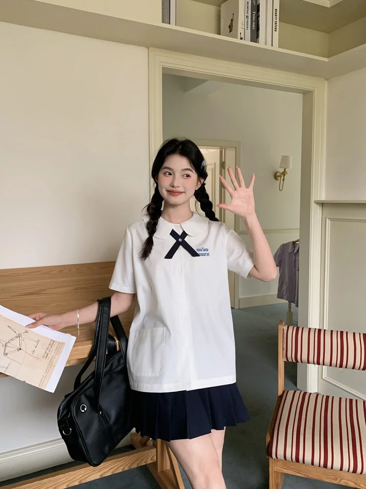 

Tokyo Annual Record JK Sweet Cute School Uniform Top Waist Inward Thai Style First Love White Neck Shirt for Girls