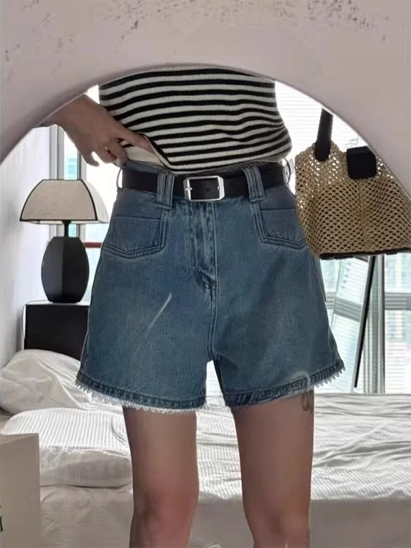 Blue High Waist Straight Leg Denim orts Women's Summer Versatile Loose Flattering A-Line Wide Leg Hot Pants Casual Sle
