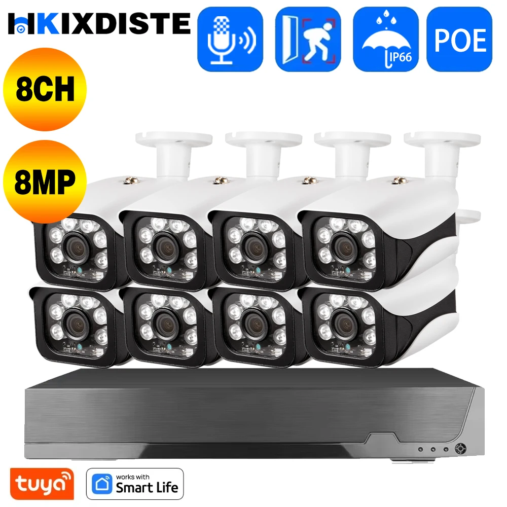 Tuya Smartlife 8MP نظام كاميرا مراقبة للمنزل كاميرات PoE IP سلكية في الهواء الطلق مع رؤية ليلية بالأشعة تحت الحمراء 4K 8CH NVR مع تسجيل 24-7
