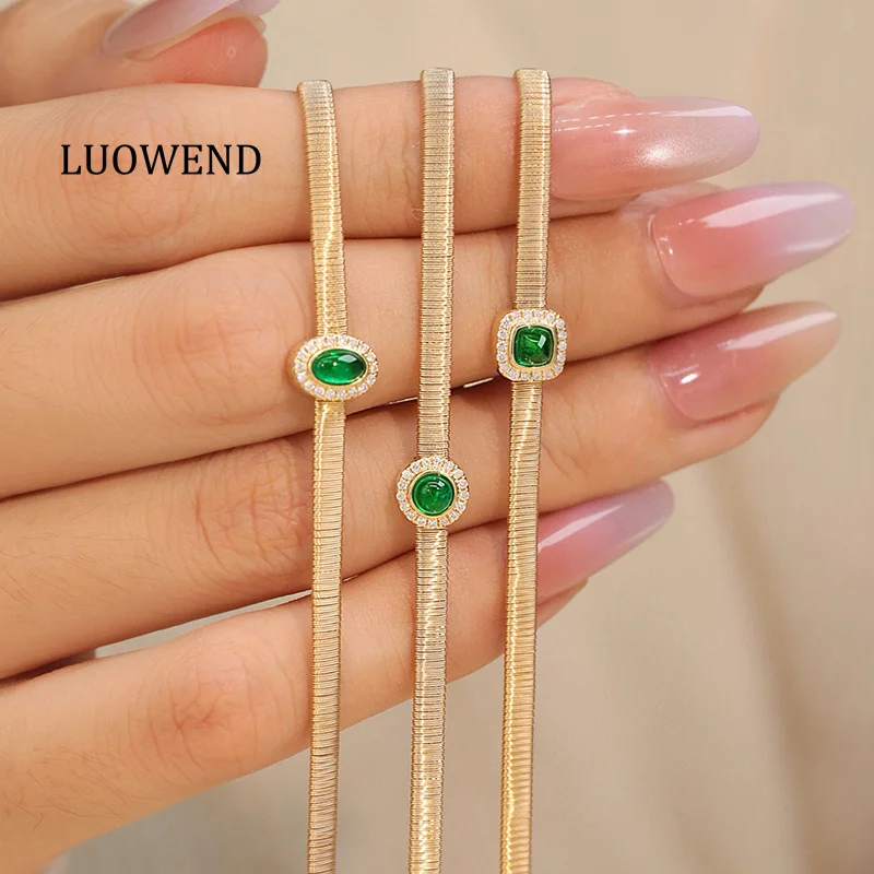 LUOWEND 100% 18K Yellow Gold Bracelet Luxury Elegant Style Shiny Diamond Natural Emerald Bracelet for Women High Party Jewelry