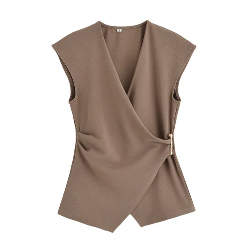 Imagen 2 del producto Pantalones de pierna ancha de estilo Simple, conjuntos de 2 piezas para mujer, chaleco con Pin fruncido, pantalones superiores, traje de mujer, trajes informales para mujer 2025