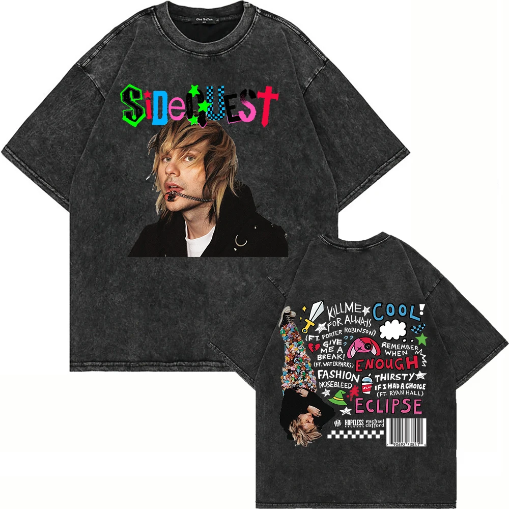 100% コットン ヴィンテージ ウォッシュド マイケル・クリフォード サイドクエスト Tシャツ ファッション メンズ/レディース エステティック ヒップホップ オーバーサイズ アシッドウォッシュ Tシャツ