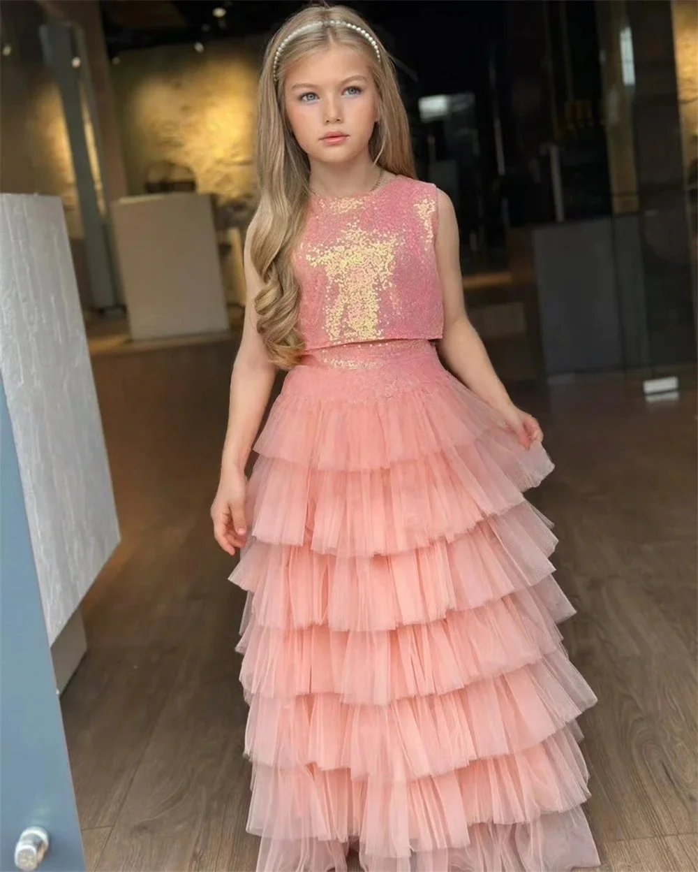 

Custom Luxury Sequin Tiered Tulle Flower Girl Dress Wedding Bridesmaid Gown for Kids Birthday Party Pageant Runway Show Formal