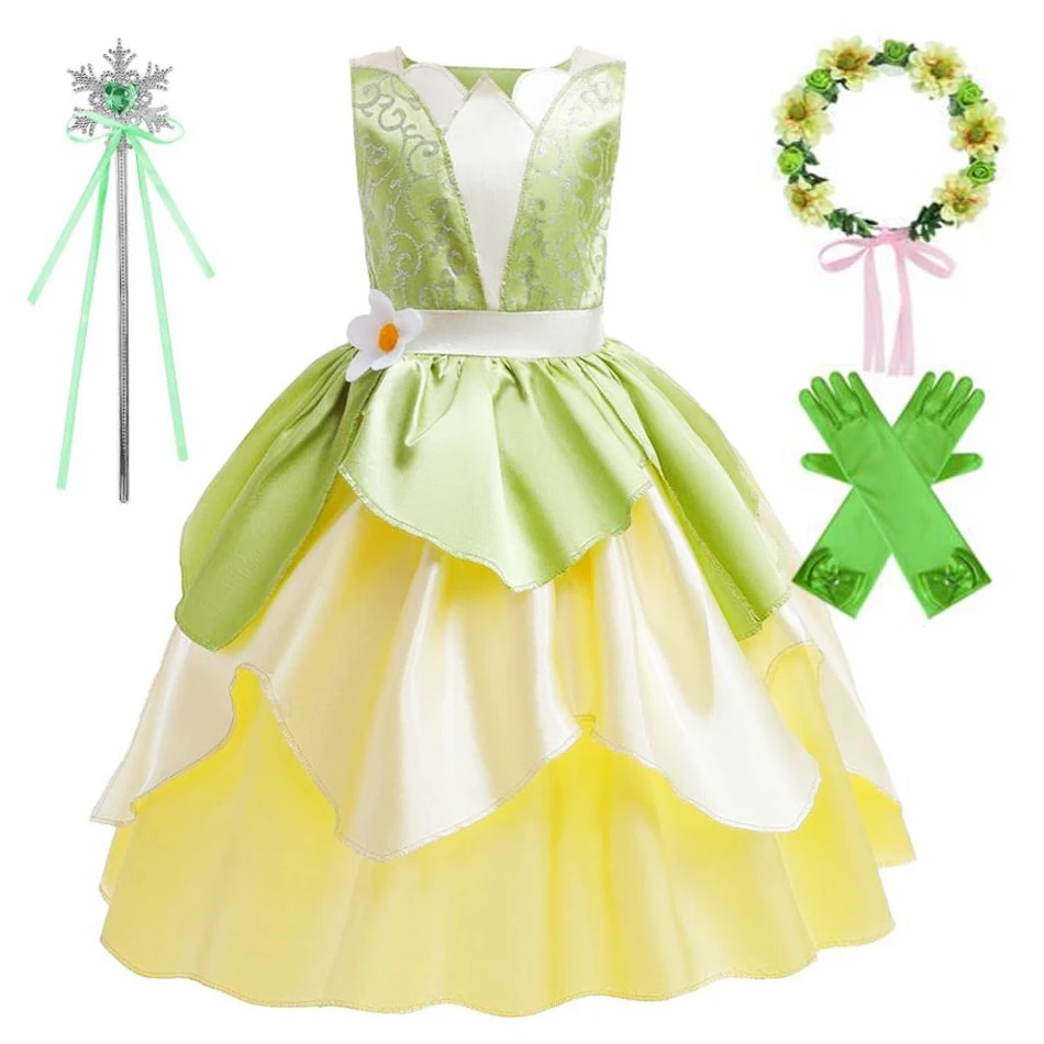 Tiana Costume Girl Dress Up Princess Girls Cosplay Role Playing Party Costumes Children Sleeveless Carnival Princess  Dresses