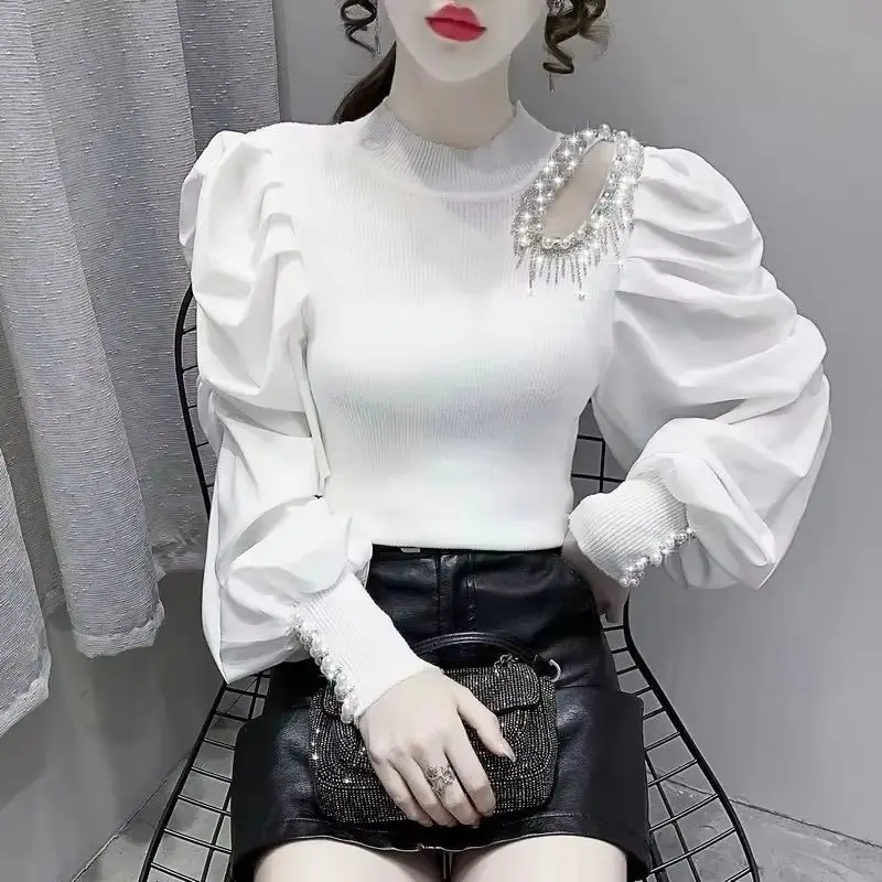 

Lantern Sleeve Spliced Knit Sweater Pullover Women 2025 New Sweet Heavy Industry Nail Beads Hollow out Soft Bottoming Shirt