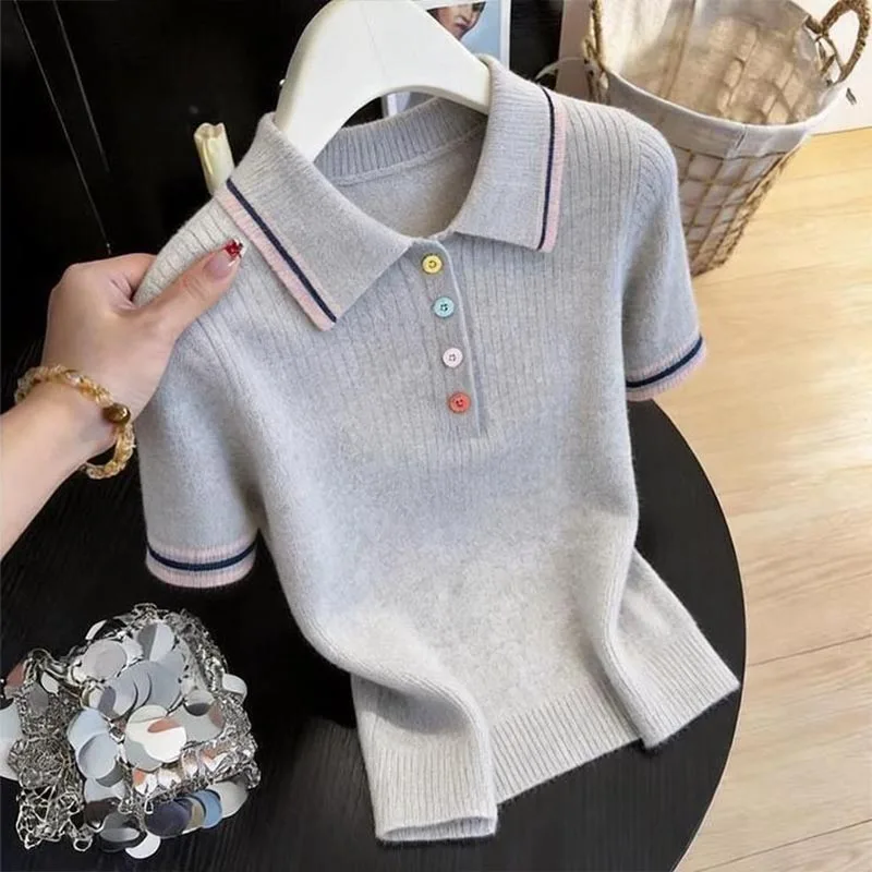 Women Clothing Fashion All-match Turn-down Collar Button T-shirt Summer New Elegant Solid Patchwork Short Sleeve Tops Lady Tunic