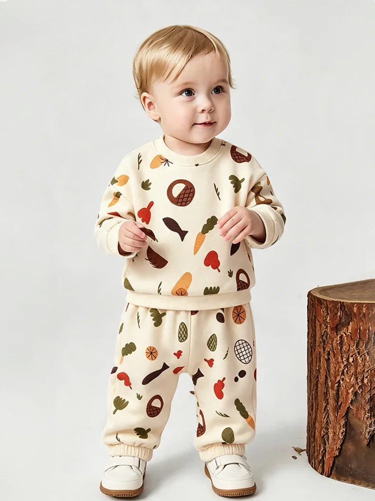 Baby Toddler Fall Outfit 2 Piece Set Acorn Leaves Mushroom Print Fleece Sweatshirt Pants Infant Thanksgiving Winter Warm