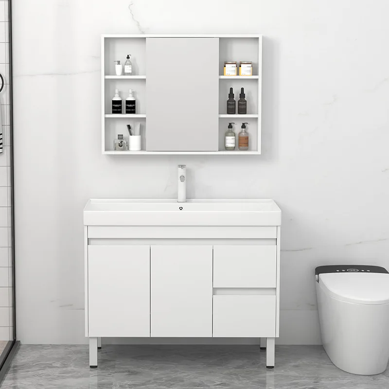 Solid wood bathroom cabinet Floor-to-ceiling wash basin cabinet Combination ceramic integrated basin Wash table Big belly basin