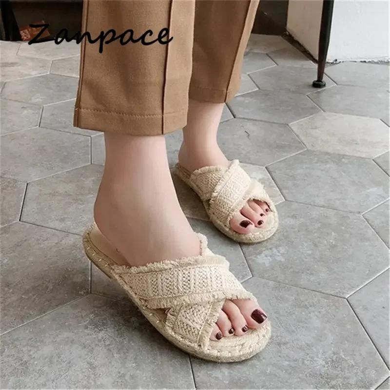 Flat-bottomed Hemp Slippers Women Summer 2024 Korean Version of The Woven Tassel Sandals Outside Shoes Woman Bling Flip Flops