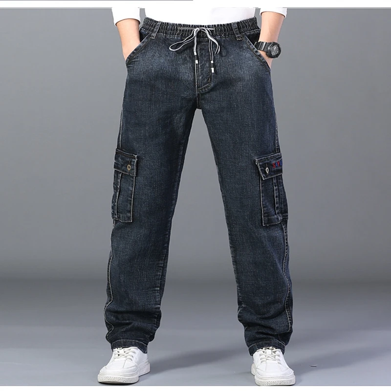 Autumn and winter plus size men\'s casual stretch jeans 9XL 8XL 7XL fashion multi-pocket loose high waist straight long jeans.