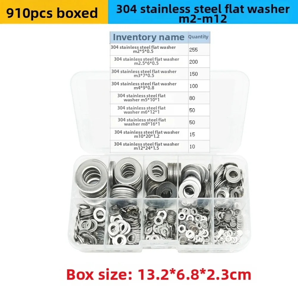 Stainless Steel Flat Washers 304 Grade 910 pcs M2 to For for Use in Marine Industrial and Agricultural Equipment Maintenance