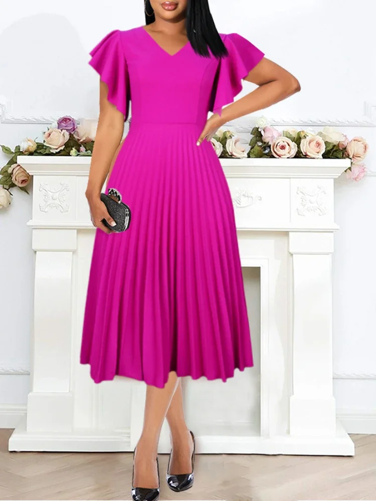 Women Pleated Midi Dresses Short Sleeve Ruffles V Neck Elegant A Line Spring Summer Chic Fashion Gown Event Party Birthday Robes