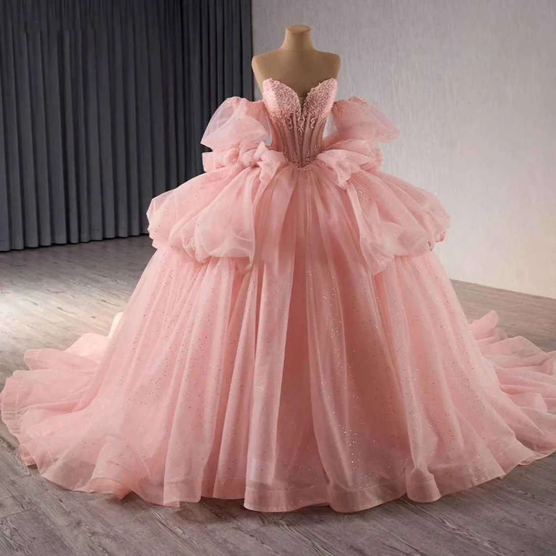 Rosa brilhante tule vestido de baile quinceanera vestidos de 15 anos brilhante até o chão cinderela princesa festa personalizar