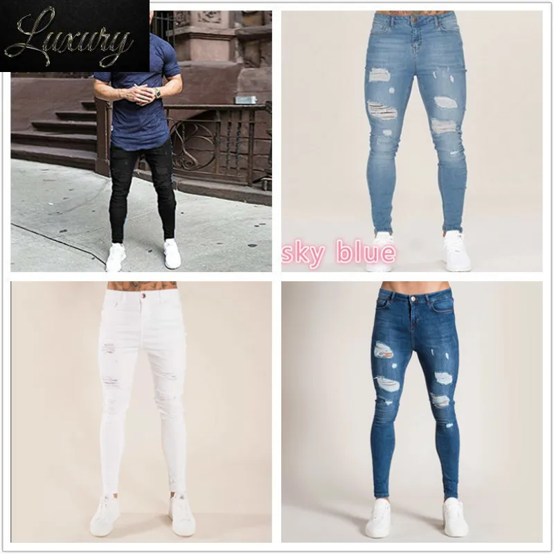 

Streetwear Hip Hop Men's Very Skinny Ripped Stretch Denim Jeans Trousers Slim Fit Black White Dark Blue Light