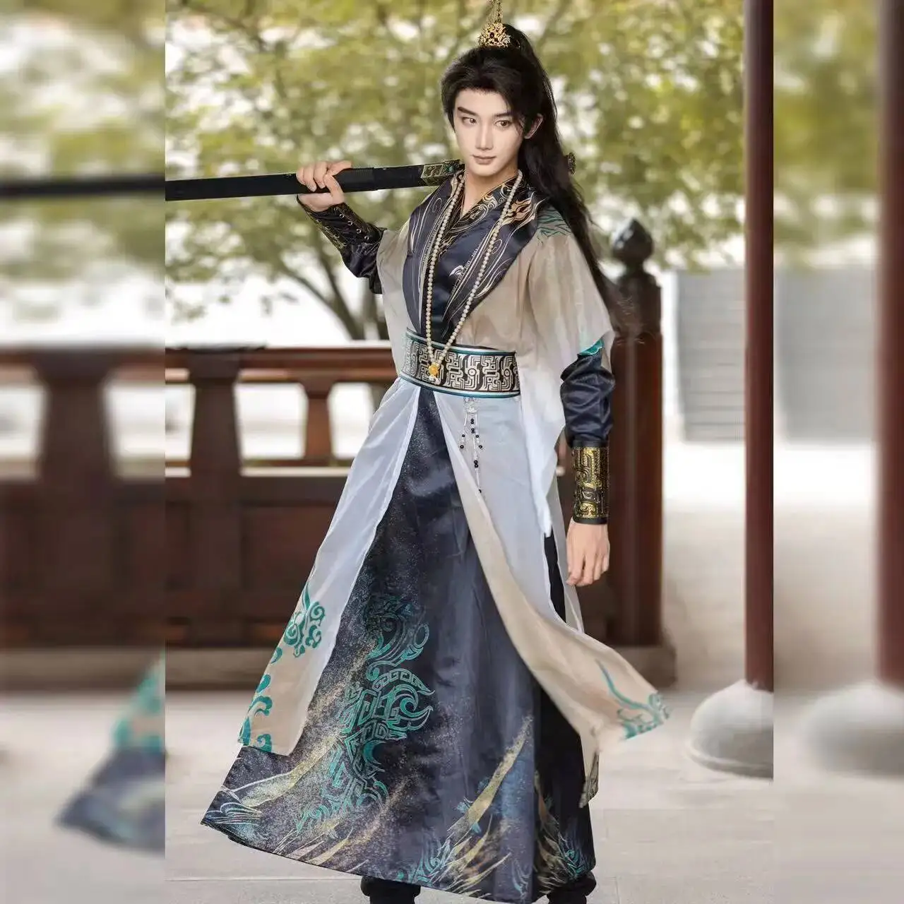 Prince Hanfu Cosplay Costume Traditional Chinese Cross Collar Wuxia Martial Clothing with Ancient Bronze Ware Elements for Men view 5