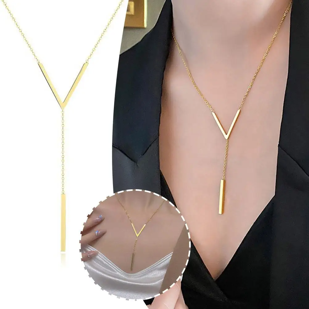 Gold-color Alloy Long Bar Tassel Paragraph V Shaped Necklace Collarbone Holiday Party Minimalist Female Necklace Style E9o7