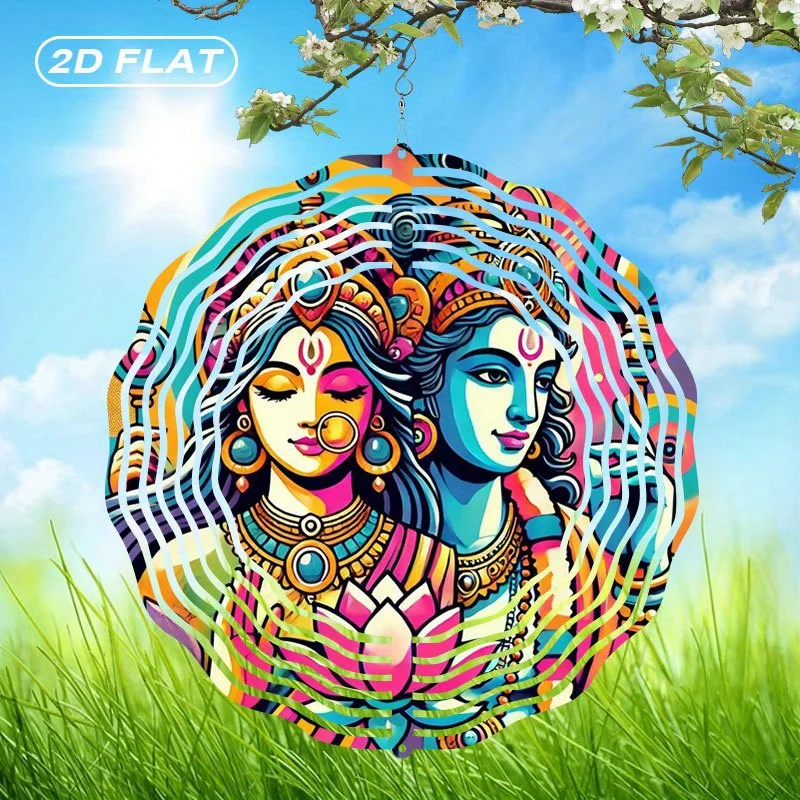 CIFBUY 2D Boho Shiva Goddess Lotus Wind Chime Metal Spinner with 360 Rotating Hook Colorful Glass Hanging Ornament for Garden Pa