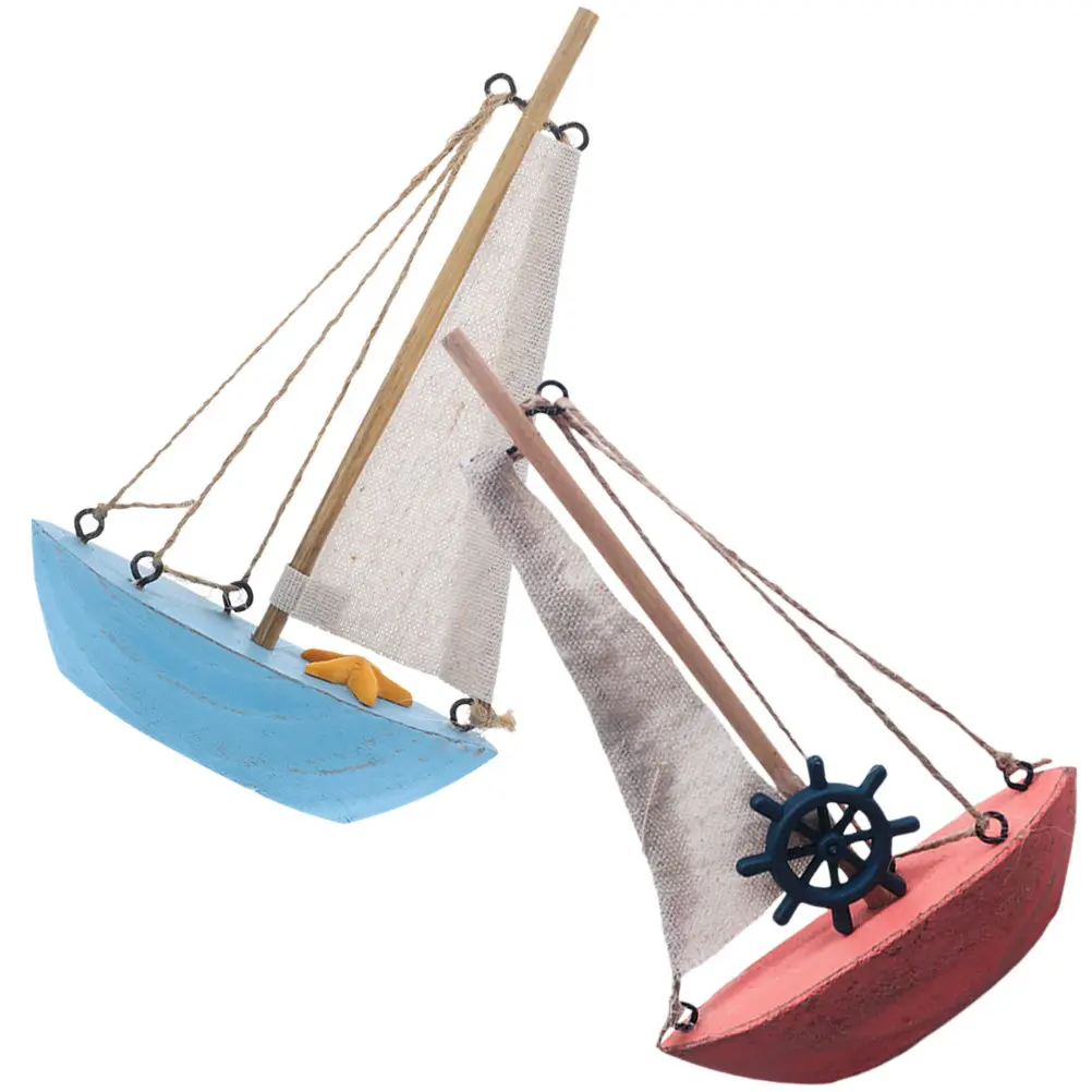 

2Pcs Wooden Sailboat Decor Mediterranean Style Mini Desktop Sailing Ship Decoration Nautical Party Supplies Home Office Bedroom