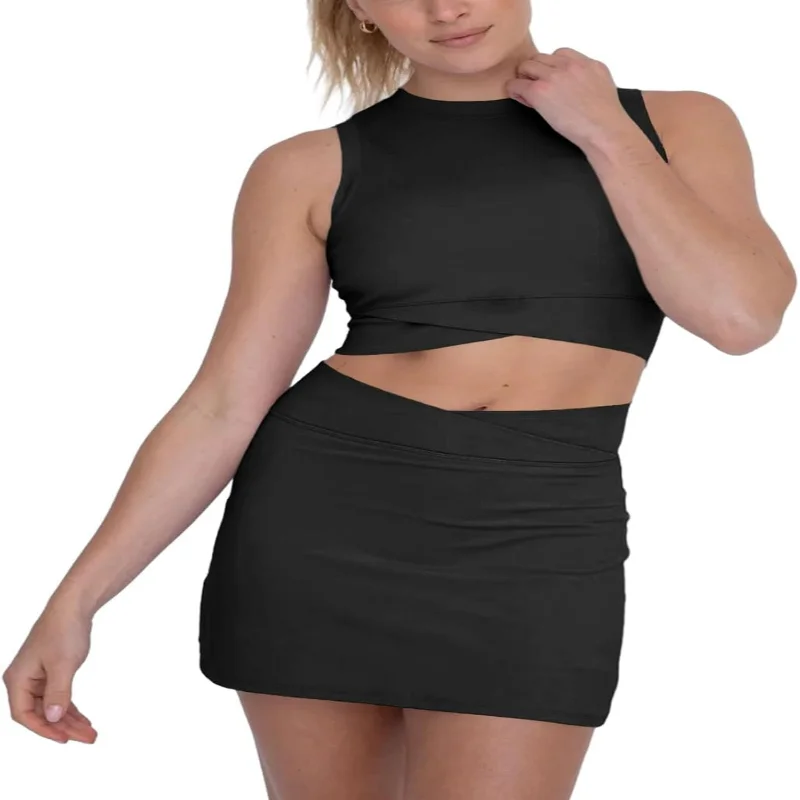 Fisoew Womens 2 Piece Outfit Tank Tops Mini Skirt with Shorts Underneath Casual Workout Bodycon Tracksuits