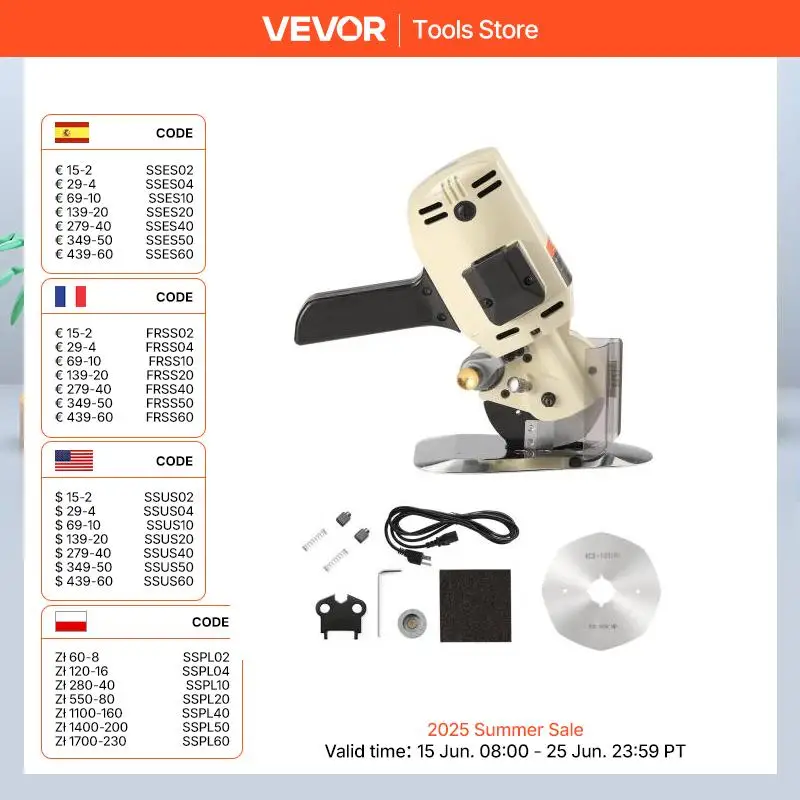 VEVOR 170W/250W Fabric Cutter Electric Rotary Fabric Cutting Machine 1“ / 1.1" Cutting Thickness Octagonal Knife with Blade