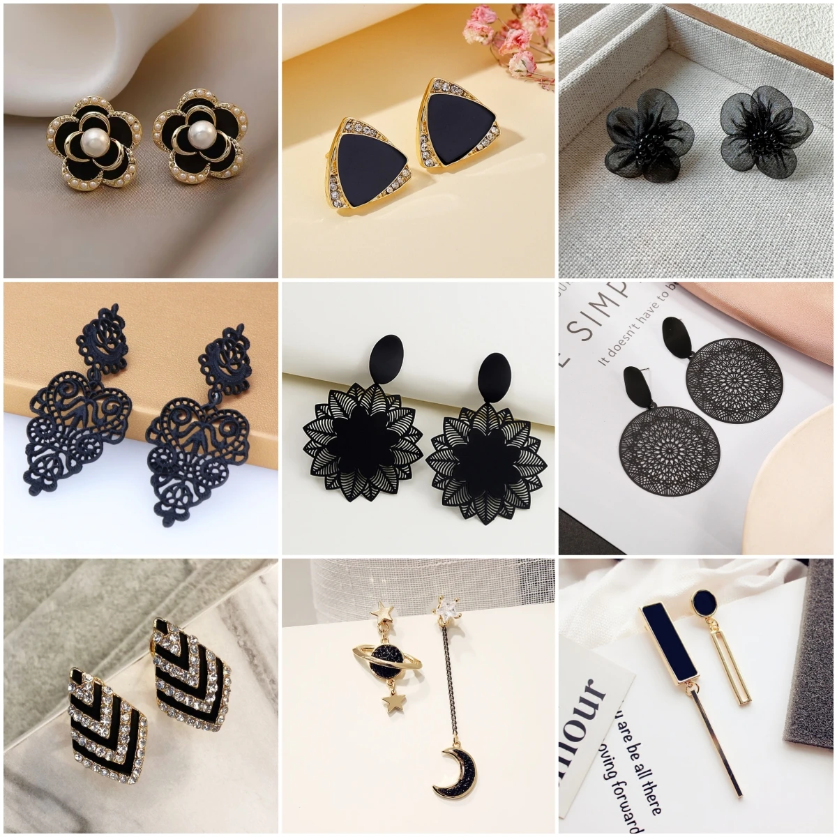 Classic Black Flower Earrings for Women Crystal Rhinestones Geometry Round Hollow Triangle Bow Star Moon Love Heart Jewelry Gift