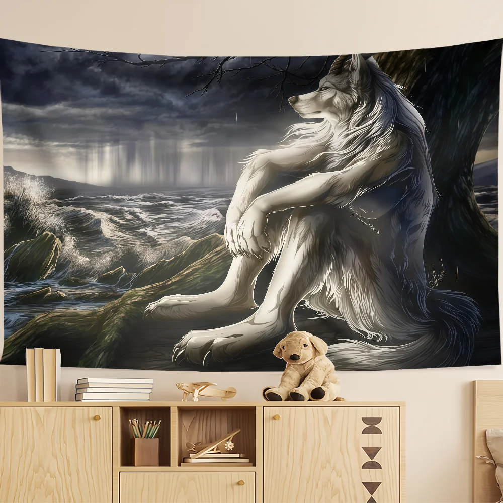 Emo Meme Gothic Werewolf White Wolf Sitting flag Room Dorm Camping Party hogar Garage Living room bedside wall Decor Banner gift
