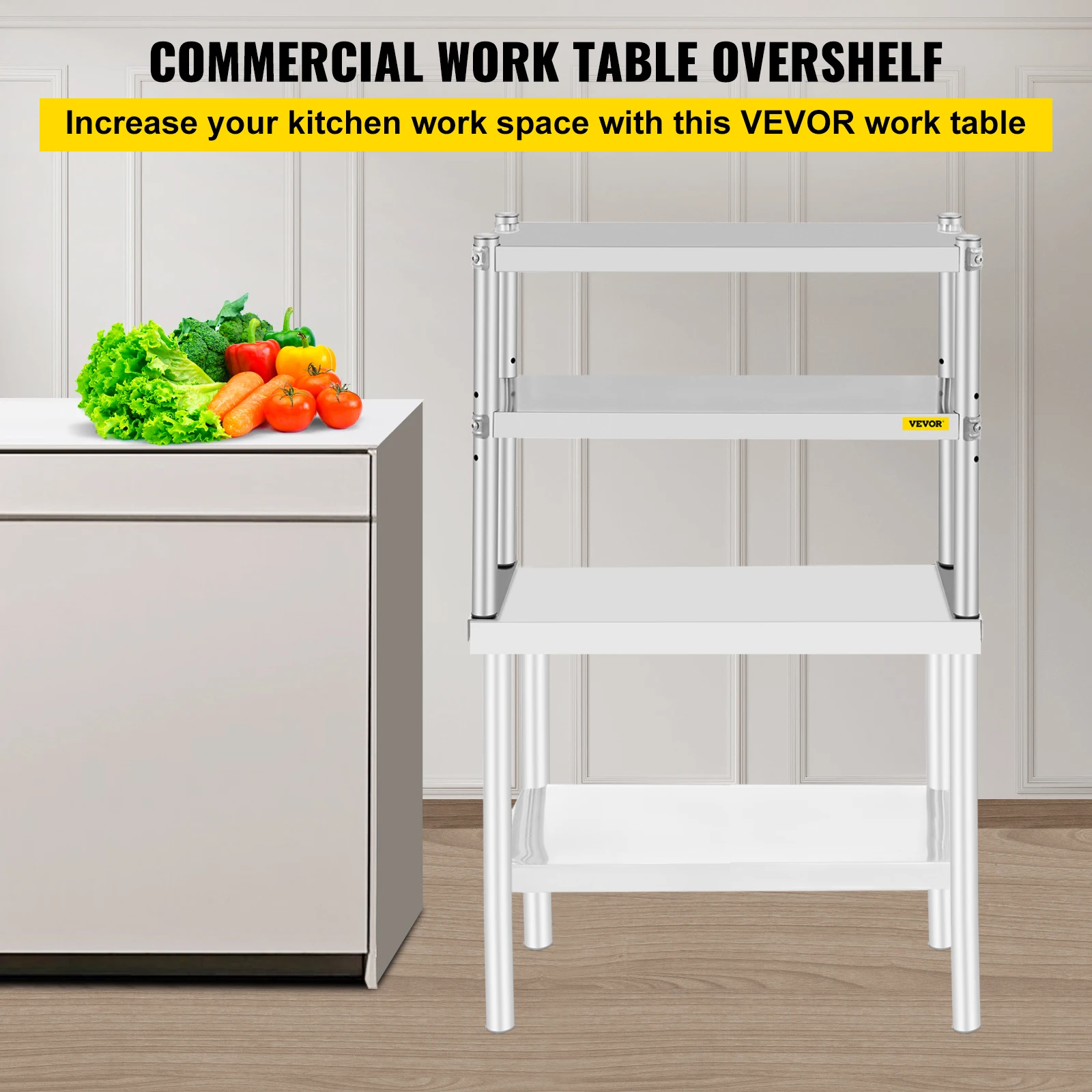 VEVOR Stainless Steel Kitchen Work Table Professional 3 Types  Double Overshelf Adjustable Lower Shelf Use for Home Commercial